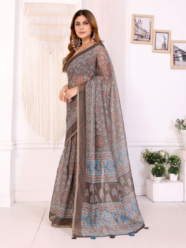 Mocha Brown Chanderi Cotton Floral Print Saree with Borders