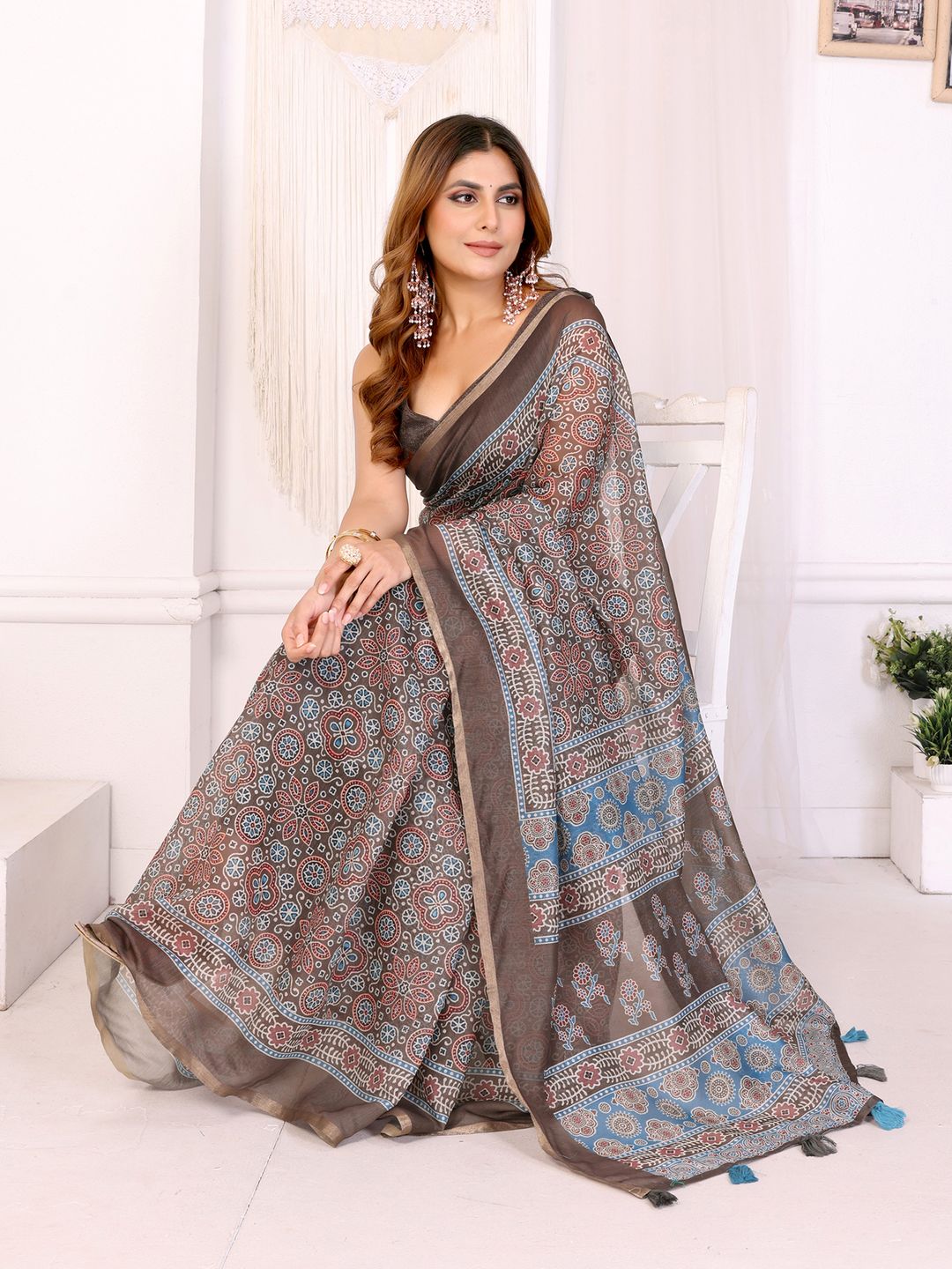 Mocha Brown Chanderi Cotton Floral Print Saree with Borders