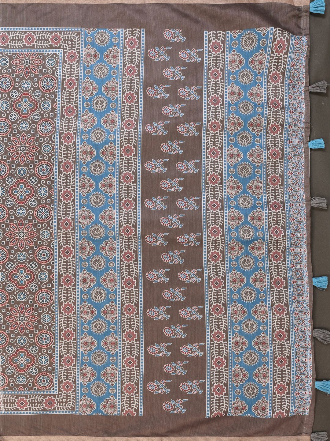 Mocha Brown Chanderi Cotton Floral Print Saree with Borders