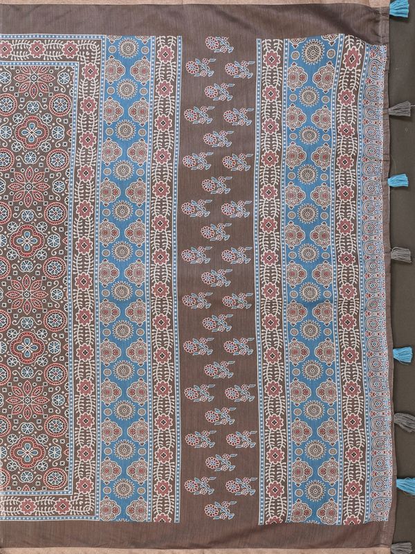 Mocha Brown Chanderi Cotton Floral Print Saree with Borders