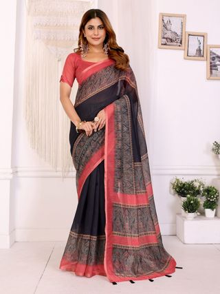 Coral Black Chanderi Cotton Paisley Print Saree with Border