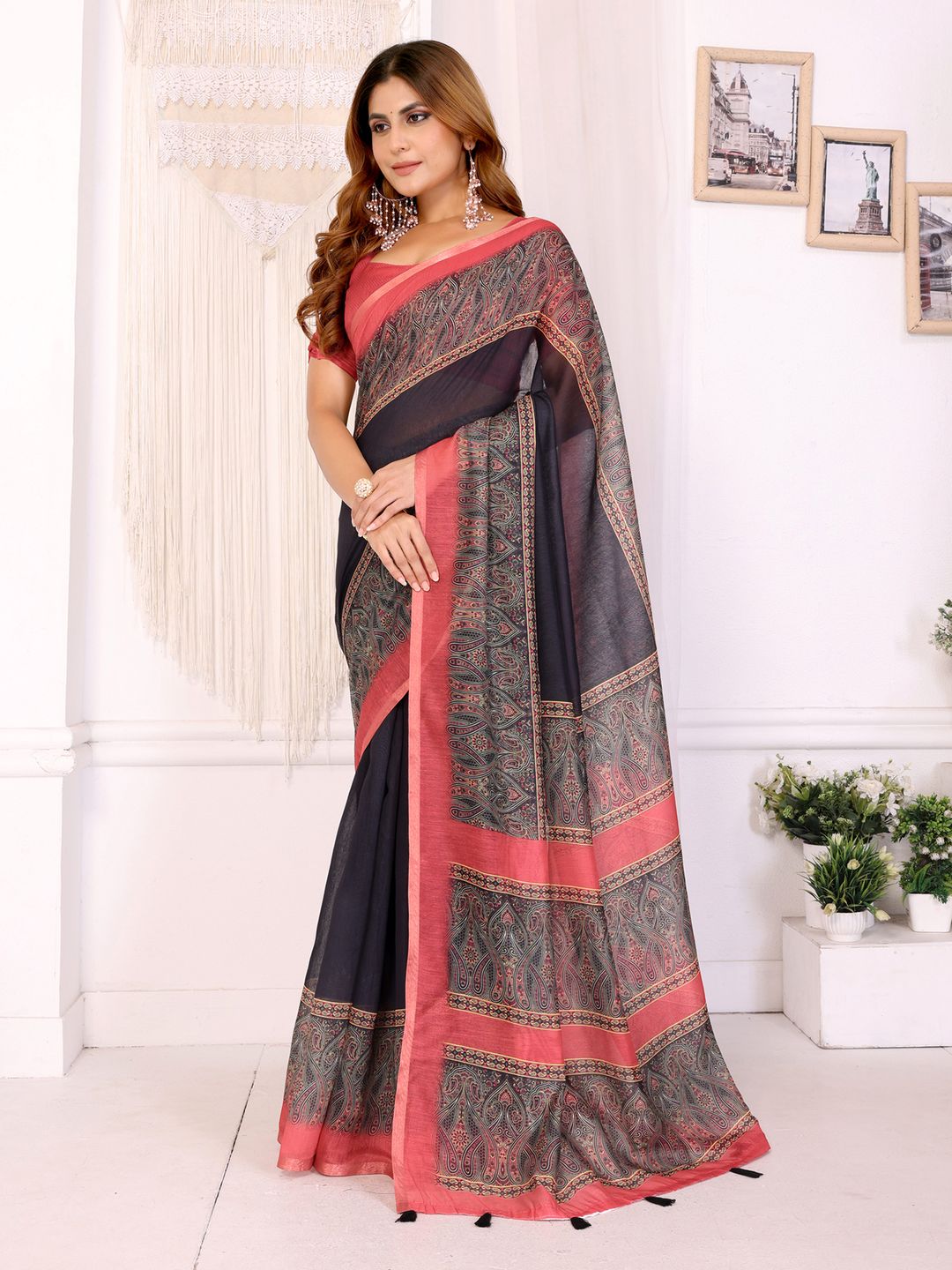 Coral Black Chanderi Cotton Paisley Print Saree with Border