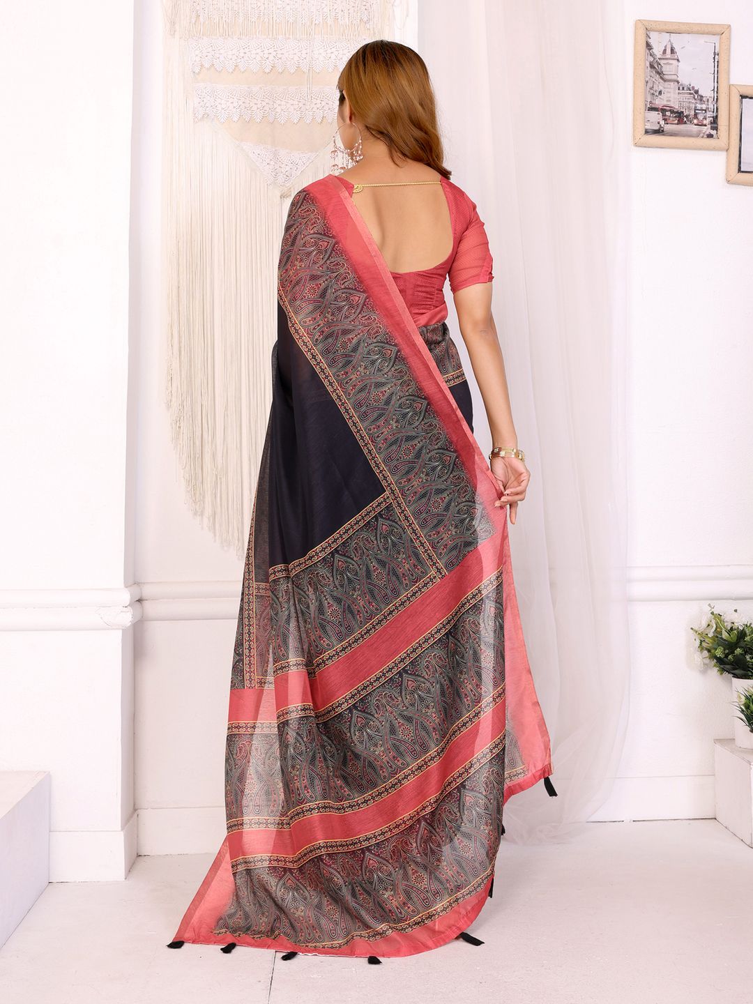 Coral Black Chanderi Cotton Paisley Print Saree with Border