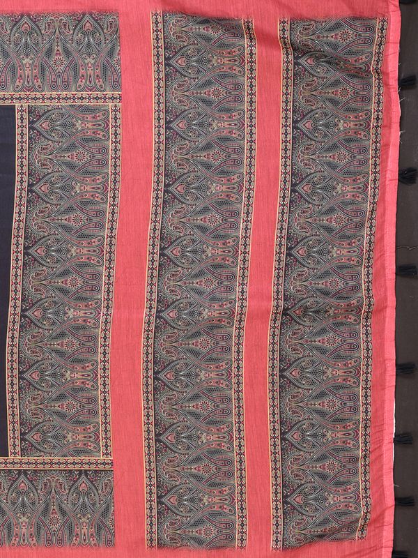 Coral Black Chanderi Cotton Paisley Print Saree with Border