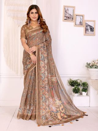 Taupe Floral Printed Chanderi Cotton Saree with Ornate Pallu