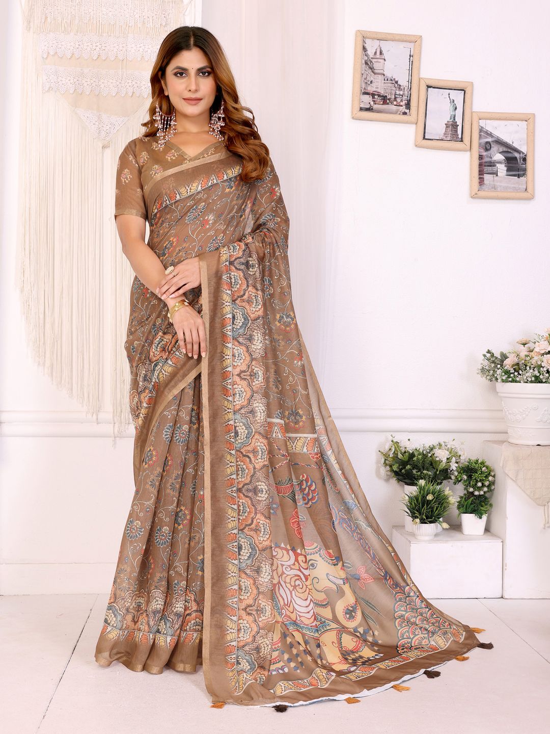 Taupe Floral Printed Chanderi Cotton Saree with Ornate Pallu