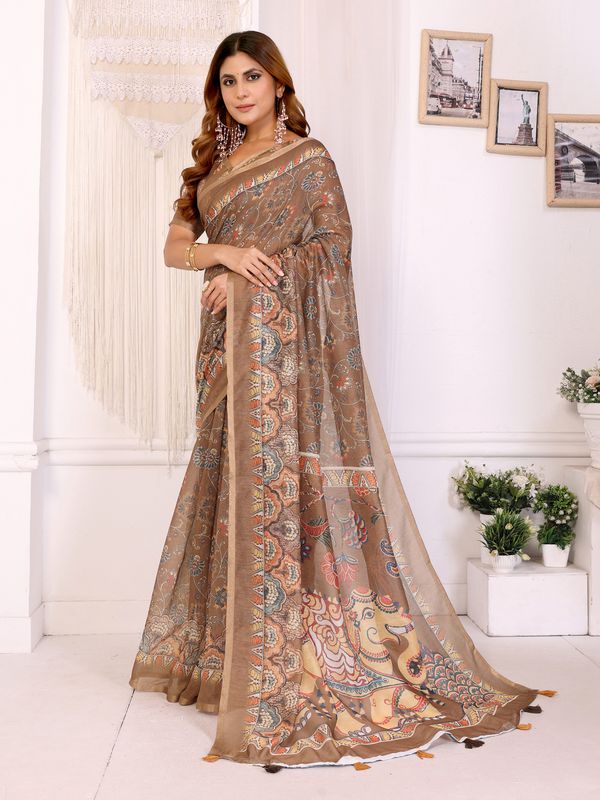 Taupe Floral Printed Chanderi Cotton Saree with Ornate Pallu