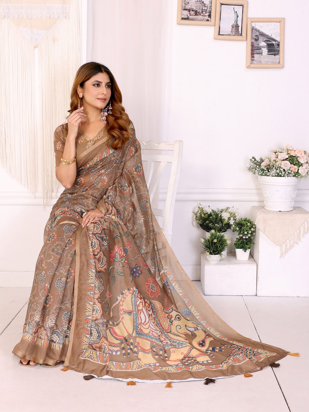 Taupe Floral Printed Chanderi Cotton Saree with Ornate Pallu
