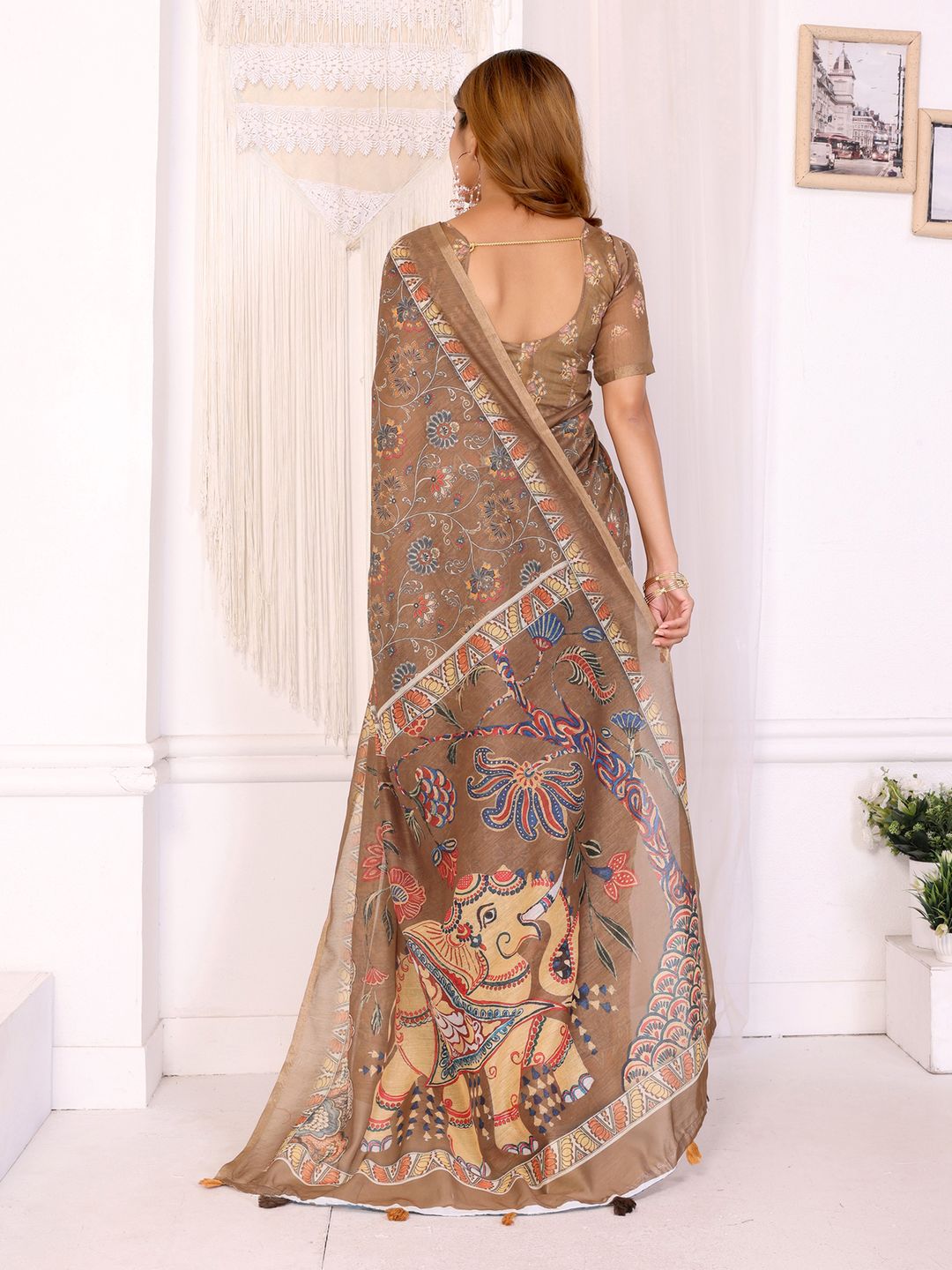 Taupe Floral Printed Chanderi Cotton Saree with Ornate Pallu
