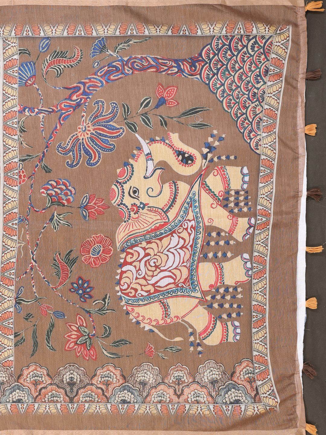 Taupe Floral Printed Chanderi Cotton Saree with Ornate Pallu