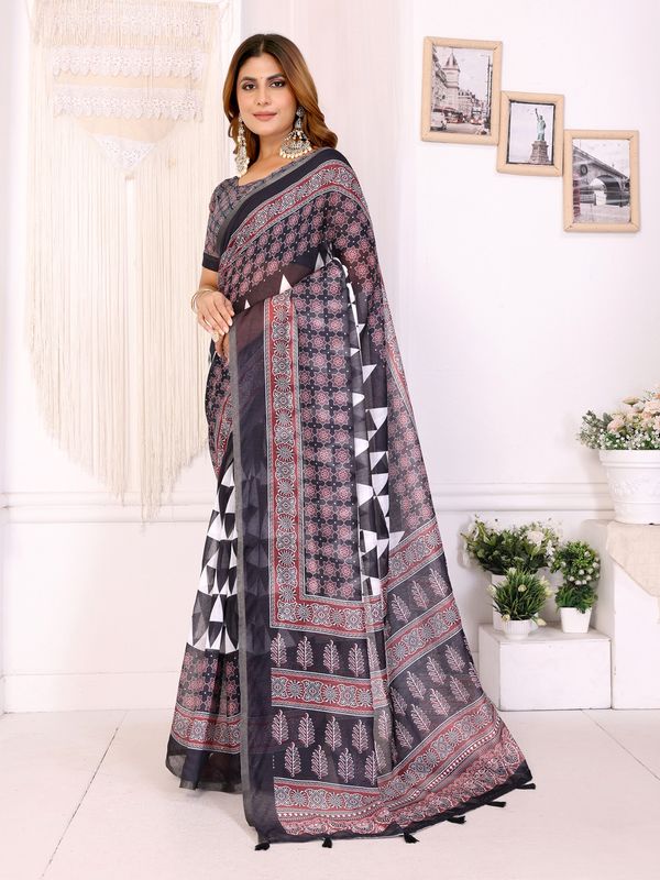 Black Chanderi Cotton Floral Saree with Wine Border Pattern