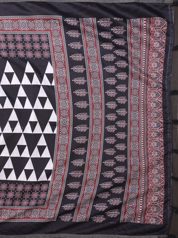 Black Chanderi Cotton Floral Saree with Wine Border Pattern