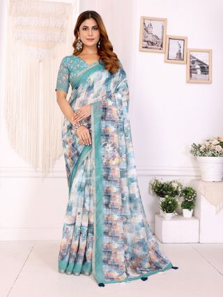 Aqua Blue Chanderi Cotton Saree with Artistic Print Designs