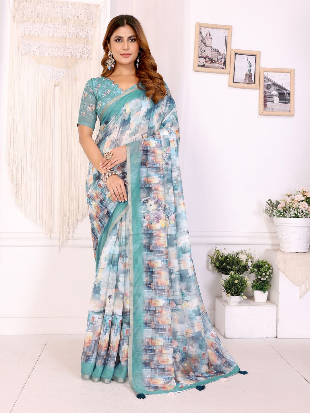 Aqua Blue Chanderi Cotton Saree with Artistic Print Designs