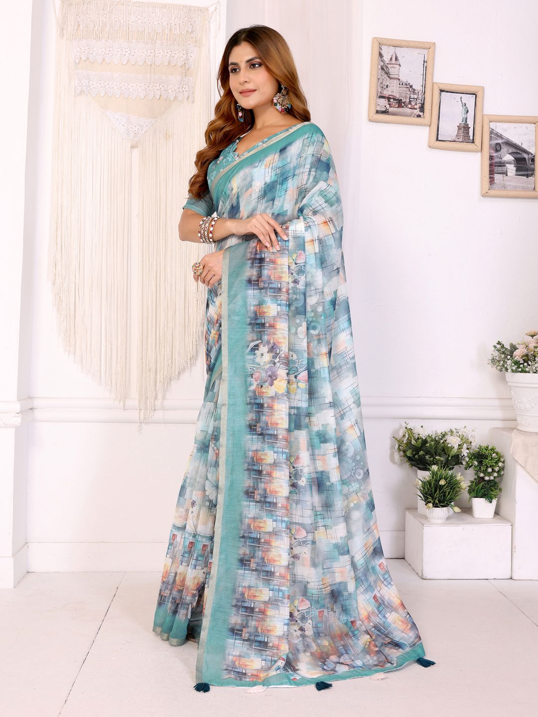 Aqua Blue Chanderi Cotton Saree with Artistic Print Designs