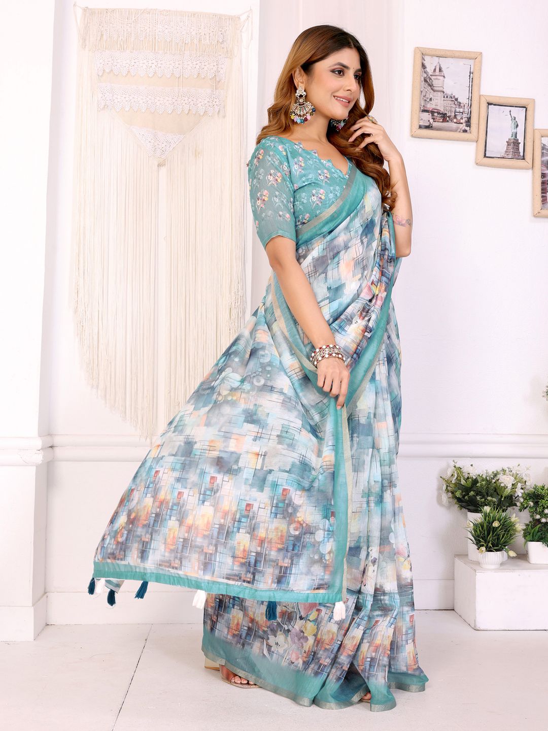 Aqua Blue Chanderi Cotton Saree with Artistic Print Designs