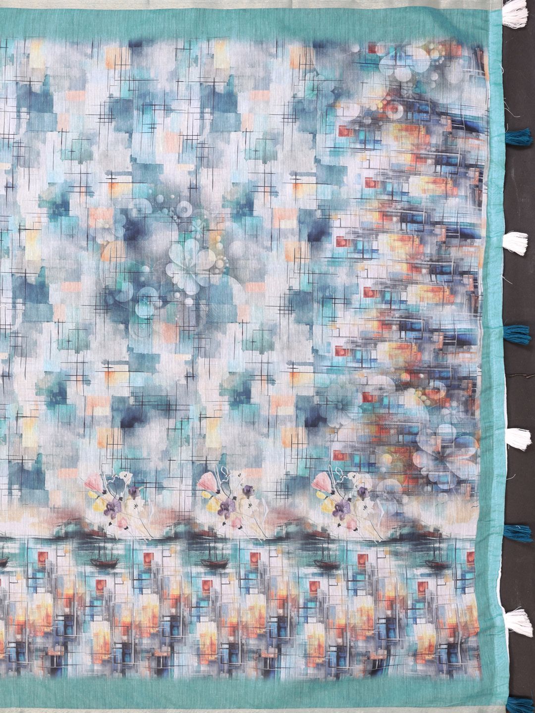 Aqua Blue Chanderi Cotton Saree with Artistic Print Designs