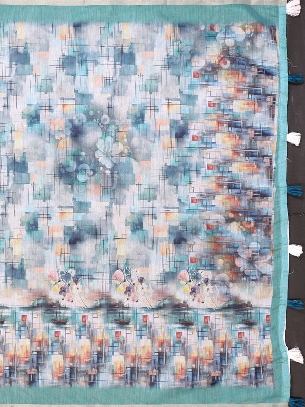 Aqua Blue Chanderi Cotton Saree with Artistic Print Designs