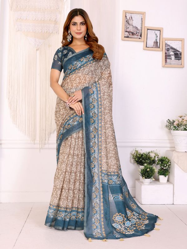 Blue Beige Floral Printed Chanderi Cotton Saree for Women’s