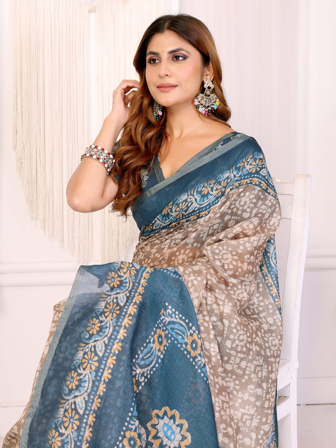 Blue Beige Floral Printed Chanderi Cotton Saree for Women’s
