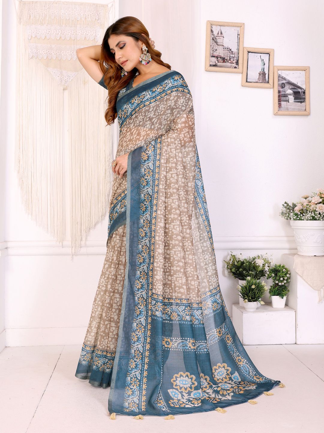 Blue Beige Floral Printed Chanderi Cotton Saree for Women’s