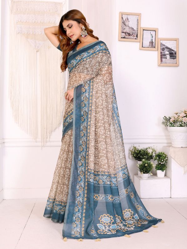 Blue Beige Floral Printed Chanderi Cotton Saree for Women’s