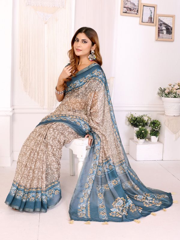 Blue Beige Floral Printed Chanderi Cotton Saree for Women’s