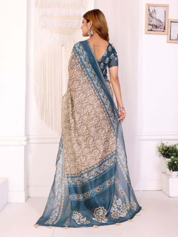 Blue Beige Floral Printed Chanderi Cotton Saree for Women’s