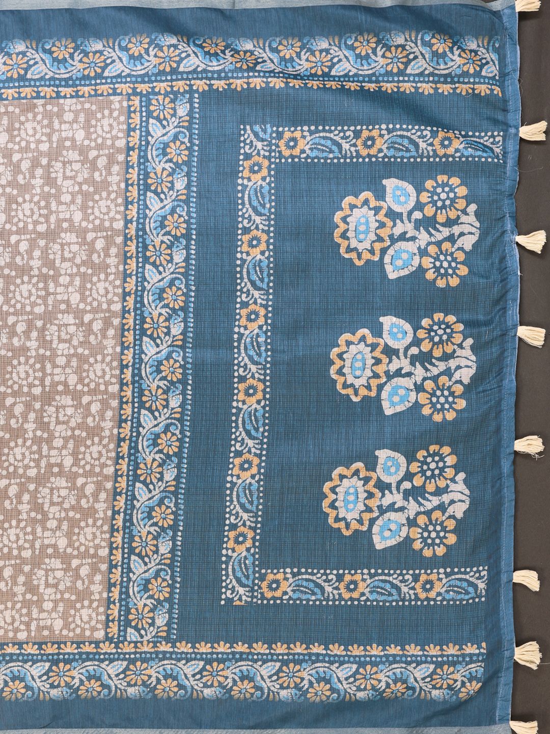 Blue Beige Floral Printed Chanderi Cotton Saree for Women’s
