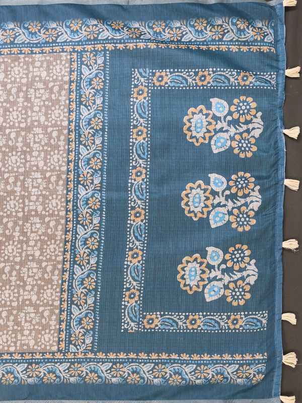 Blue Beige Floral Printed Chanderi Cotton Saree for Women’s