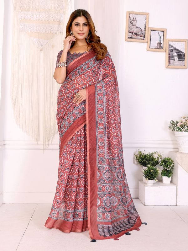 Rust Printed Chanderi Cotton Saree with Traditional Borders