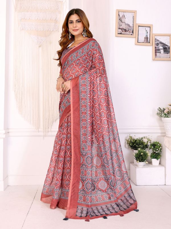 Rust Printed Chanderi Cotton Saree with Traditional Borders