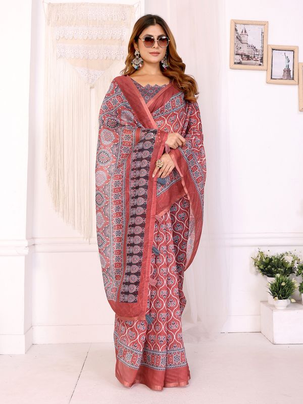 Rust Printed Chanderi Cotton Saree with Traditional Borders