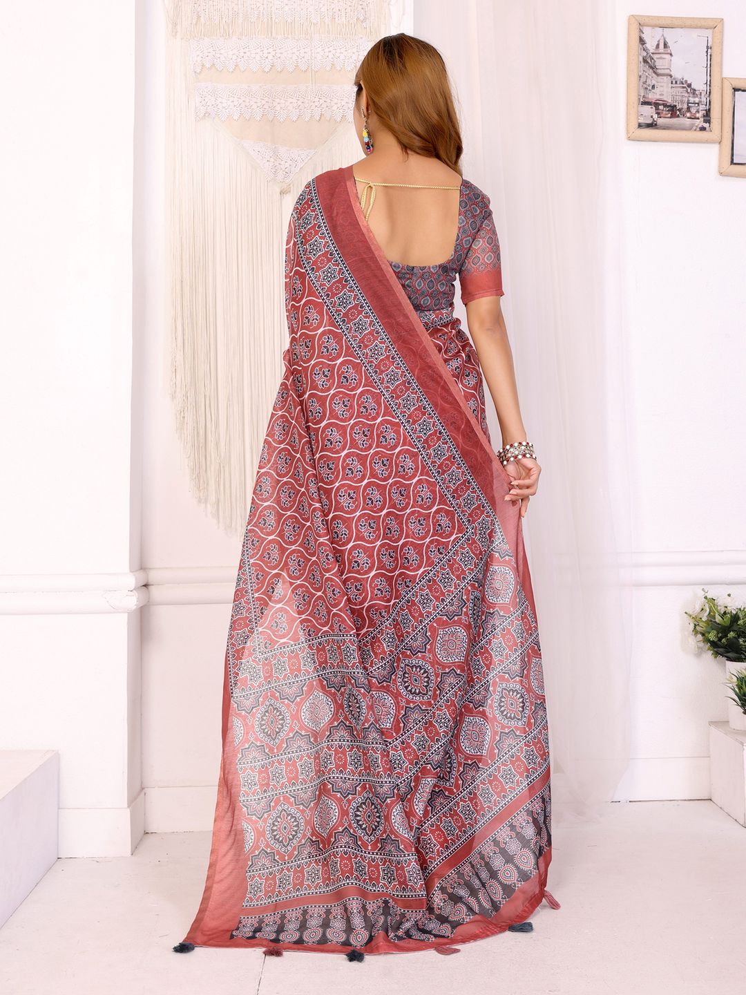 Rust Printed Chanderi Cotton Saree with Traditional Borders