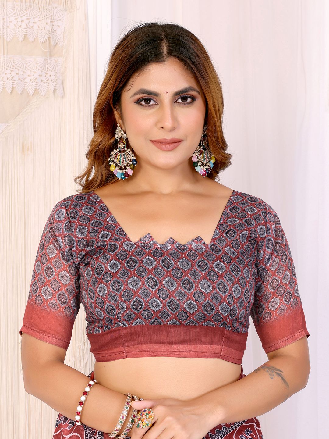 Rust Printed Chanderi Cotton Saree with Traditional Borders