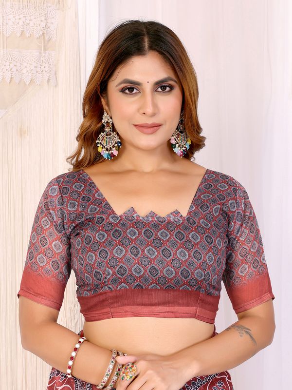 Rust Printed Chanderi Cotton Saree with Traditional Borders