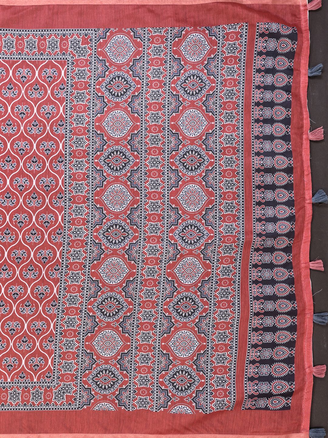 Rust Printed Chanderi Cotton Saree with Traditional Borders