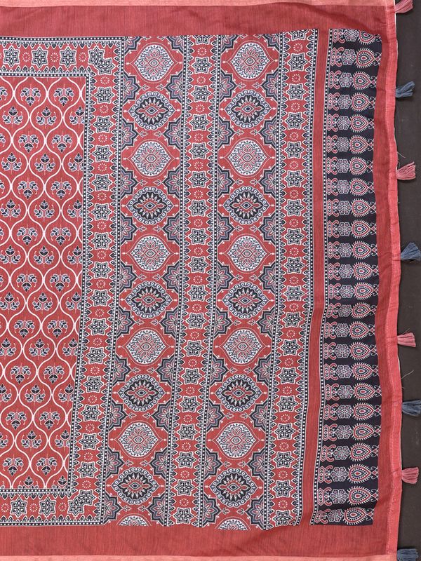 Rust Printed Chanderi Cotton Saree with Traditional Borders