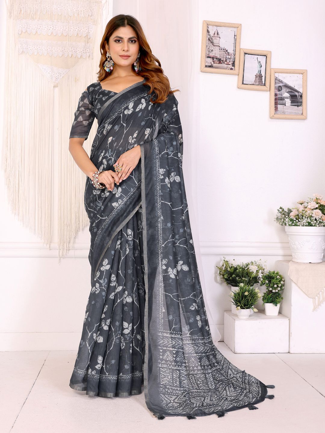 Charcoal Grey Printed Chanderi Cotton Saree with Tassels