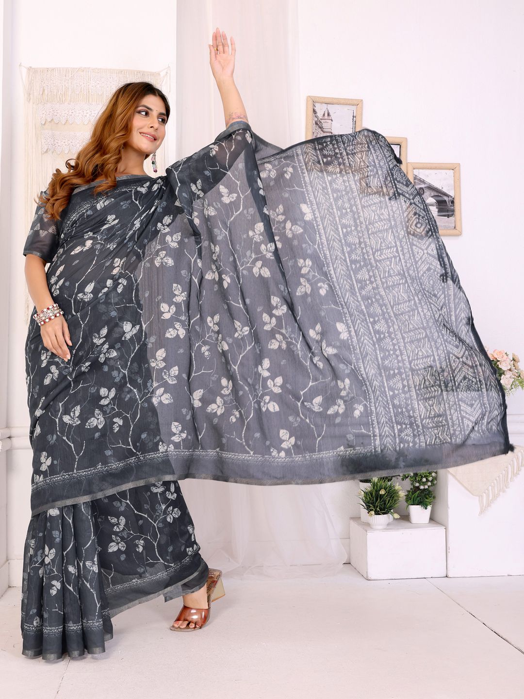Charcoal Grey Printed Chanderi Cotton Saree with Tassels