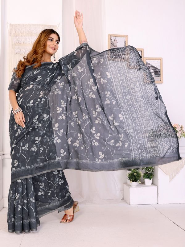 Charcoal Grey Printed Chanderi Cotton Saree with Tassels