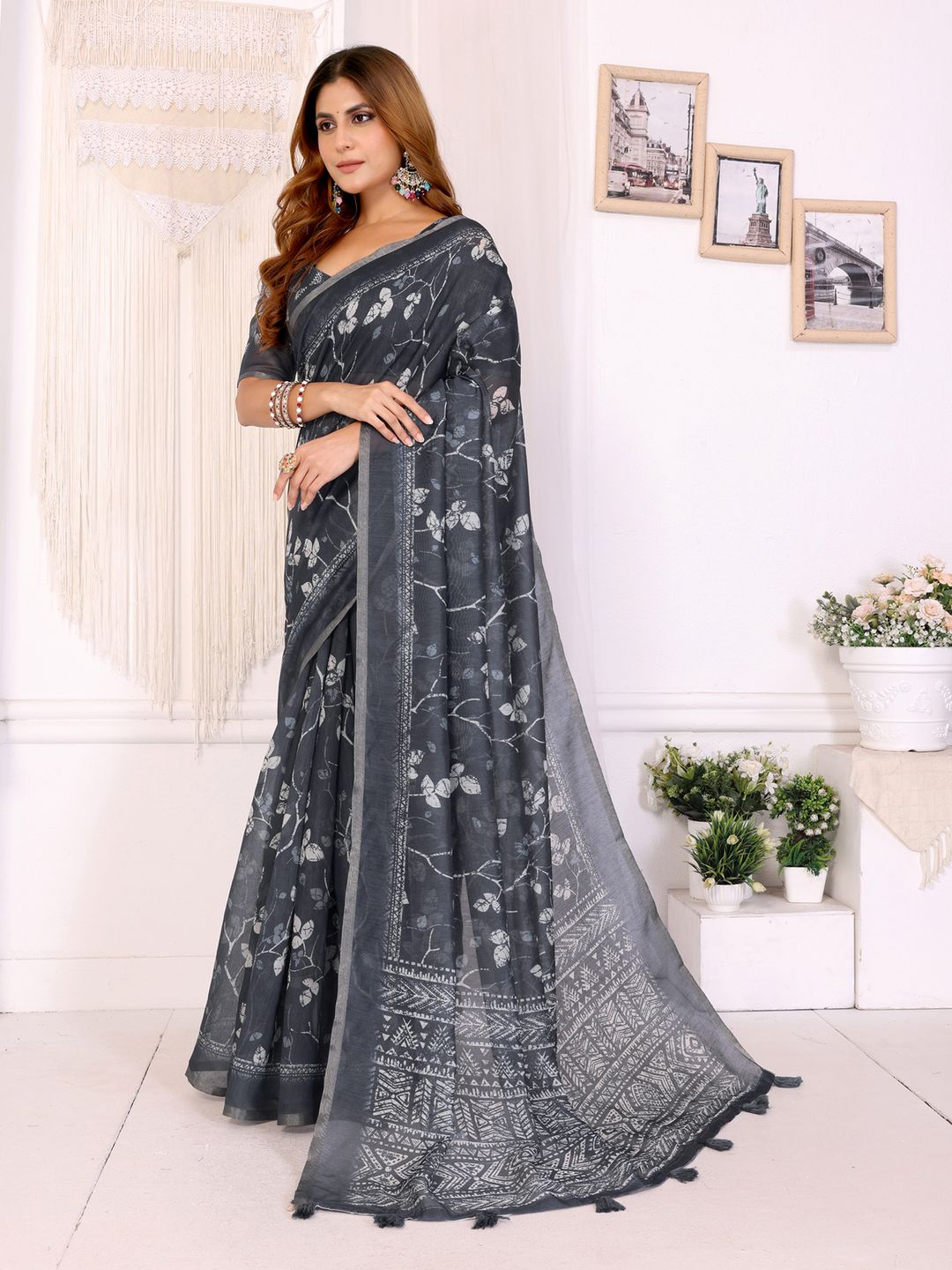 Charcoal Grey Printed Chanderi Cotton Saree with Tassels