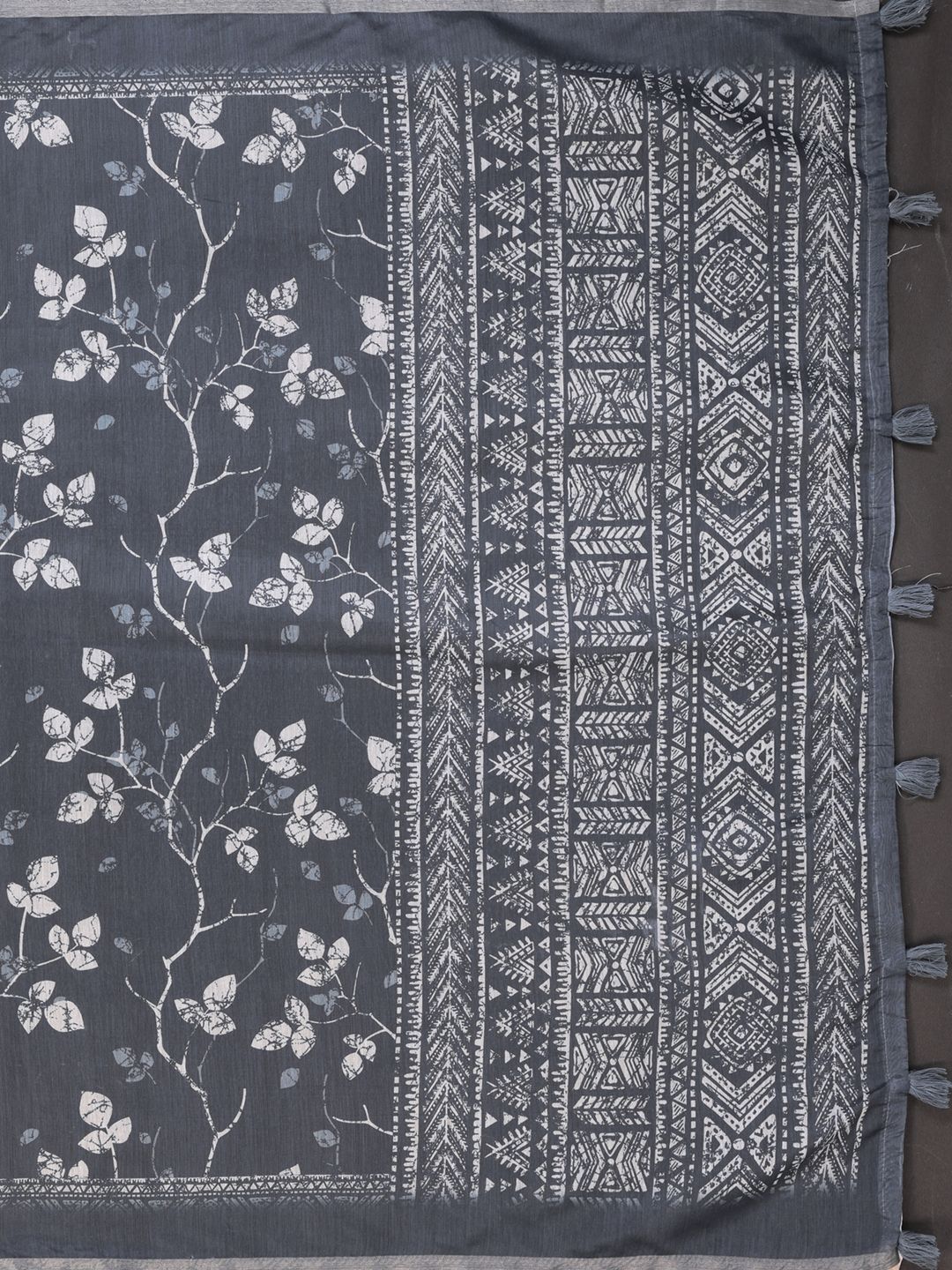 Charcoal Grey Printed Chanderi Cotton Saree with Tassels