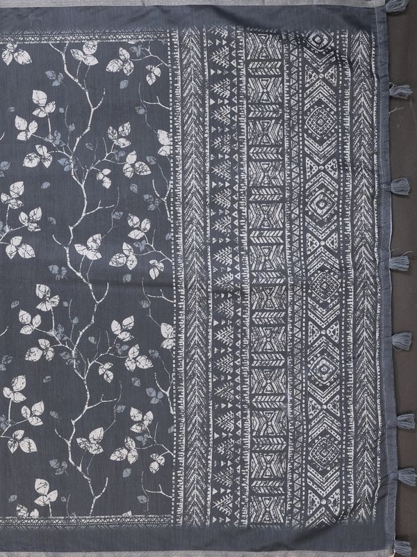 Charcoal Grey Printed Chanderi Cotton Saree with Tassels