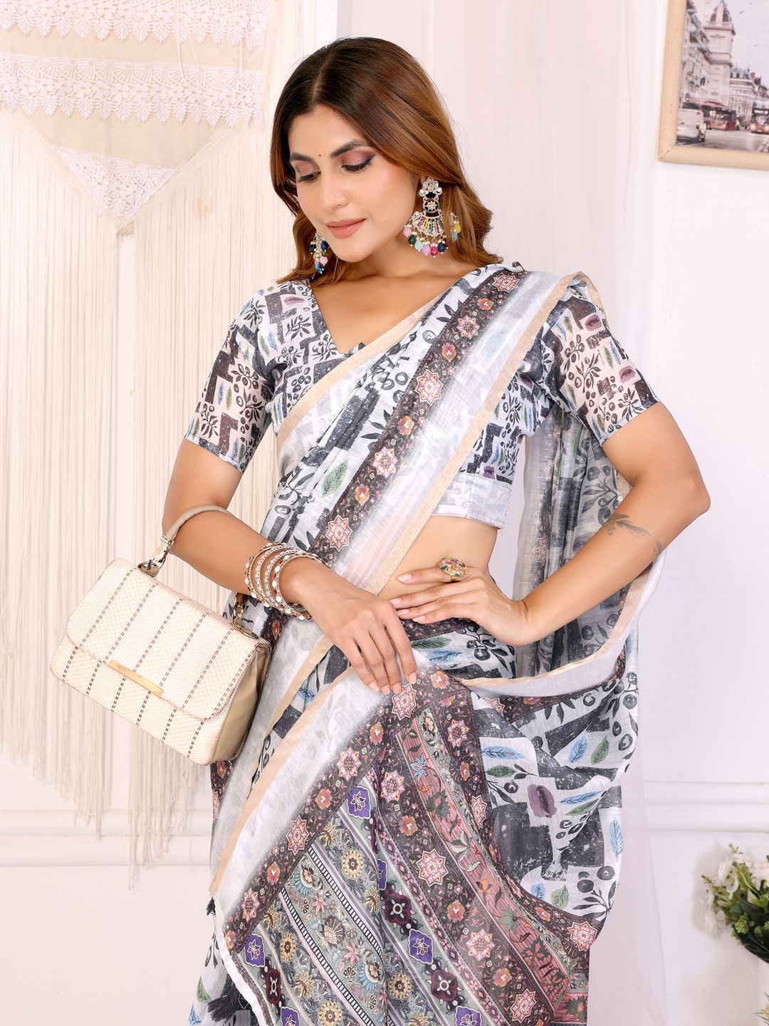 Buy White Chanderi Cotton Printed Saree with Elegant Border