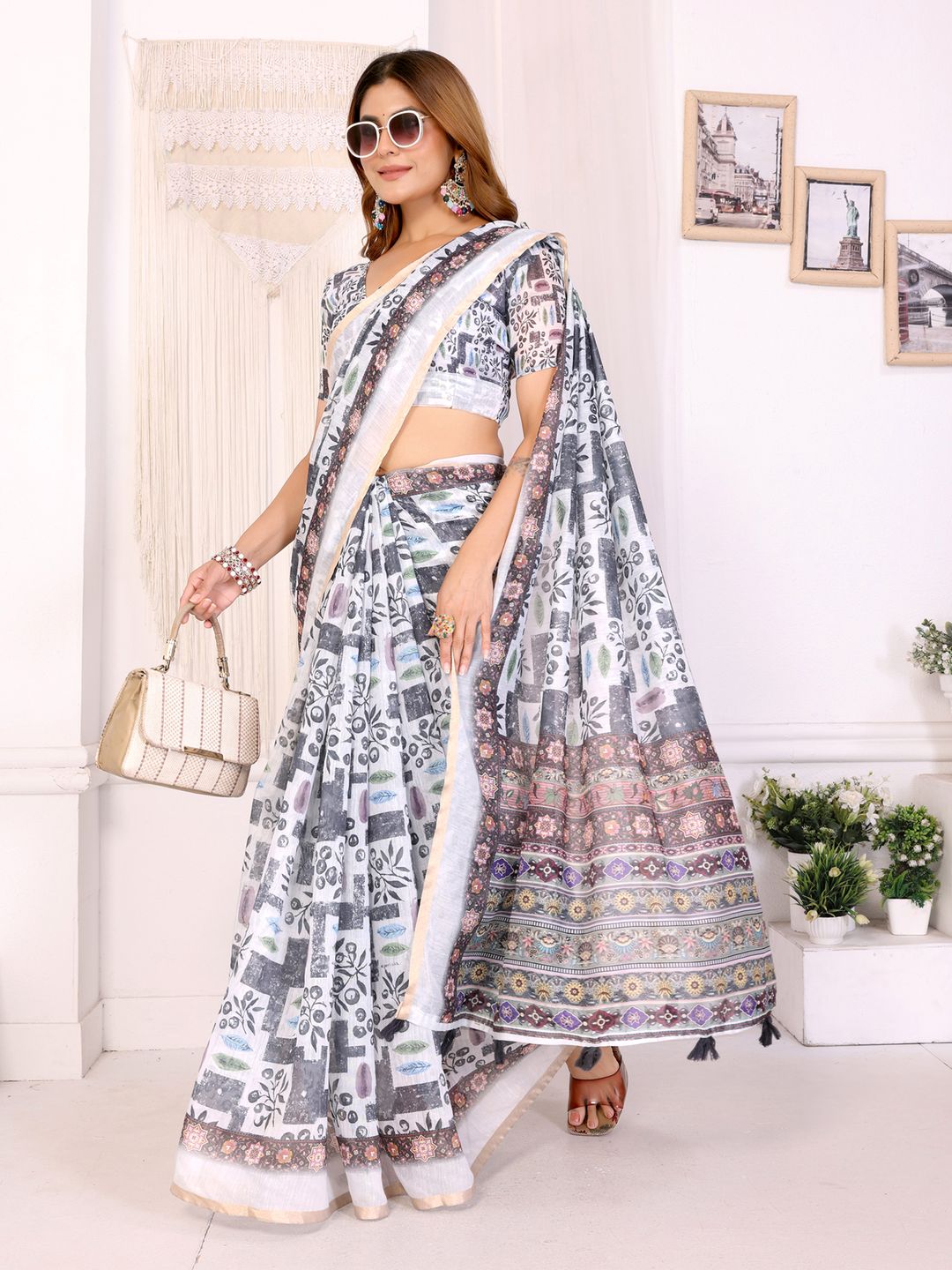 Buy White Chanderi Cotton Printed Saree with Elegant Border