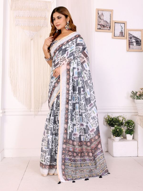 Buy White Chanderi Cotton Printed Saree with Elegant Border