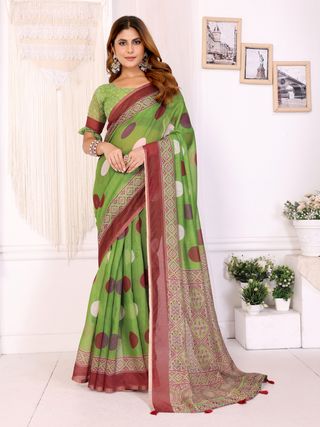 Buy Green Chanderi Cotton Printed Saree with Maroon Borders