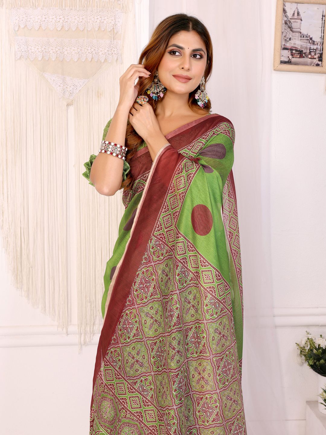 Buy Green Chanderi Cotton Printed Saree with Maroon Borders