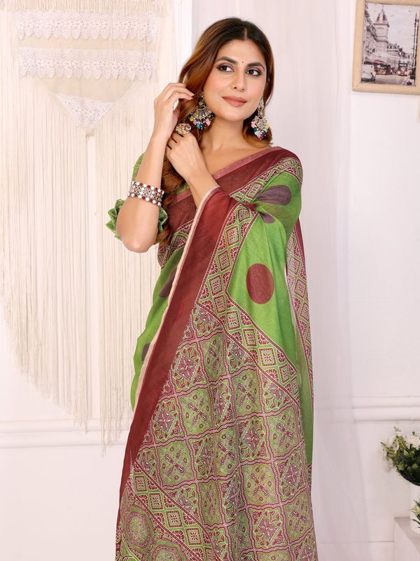 Buy Green Chanderi Cotton Printed Saree with Maroon Borders